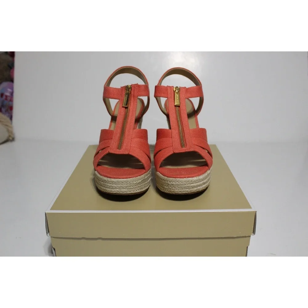 Michael Kors Berkley Womens 10 M Espadrille Pink Canvas Front Zip Wedge Sandal